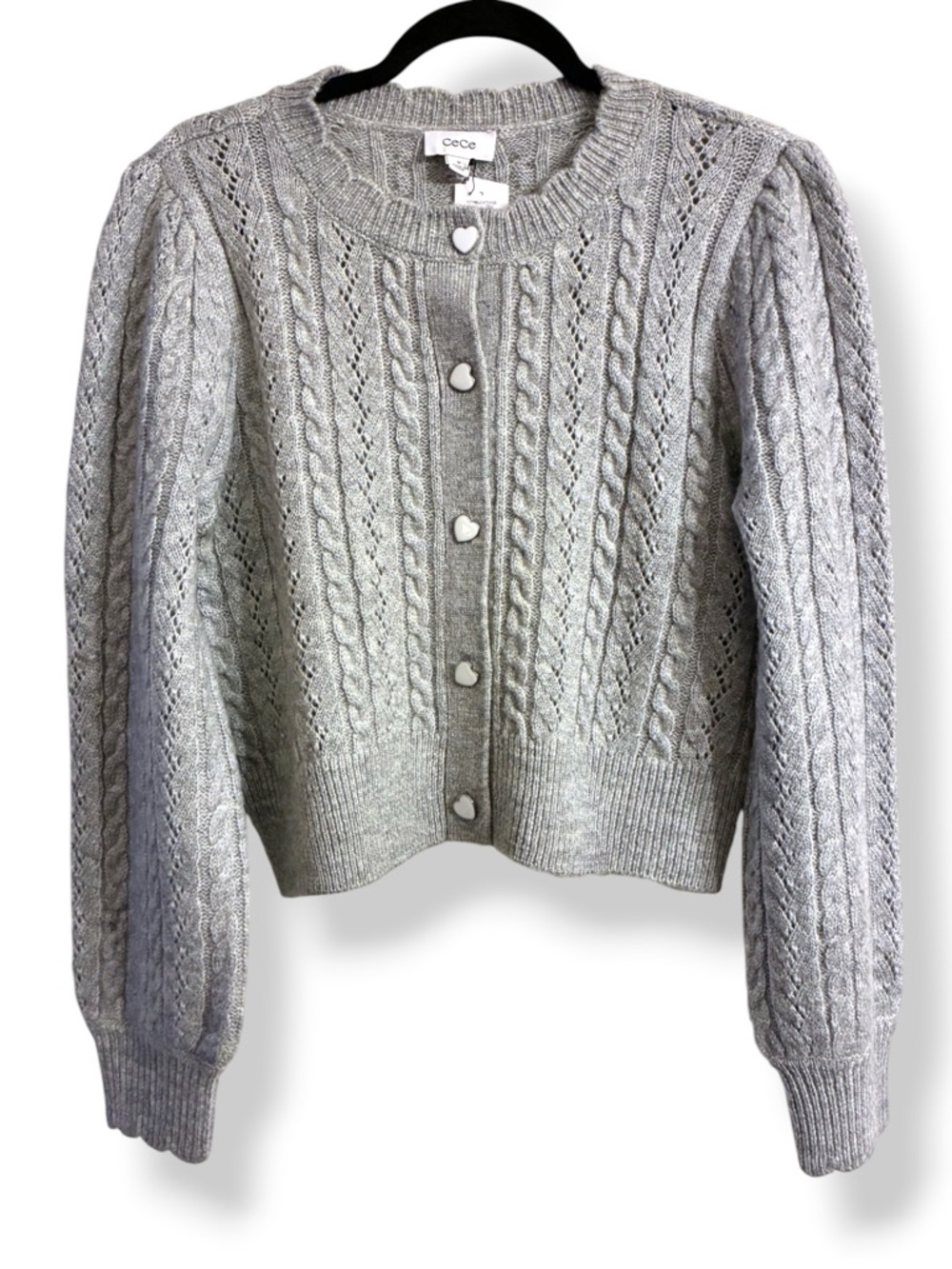 🤍 CeCe Cable Knit Cardigan Heart Buttons Puff Sleeve Cropped Grey NWT Medium